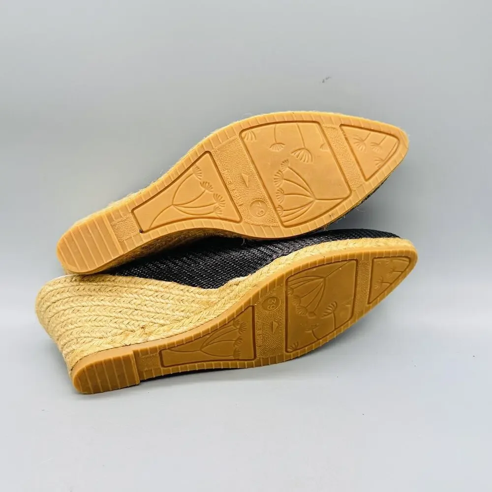 Eric Michael‎ Shoes Womens 8 Black Leather Espadrille Wedge Mule Heels Slip On
